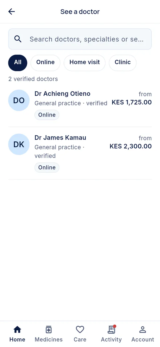 See a doctor: a searchable list of verified doctors with filters for online, home visit and clinic, and prices.